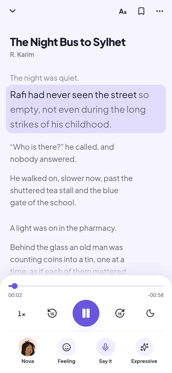 The player: the line being read is highlighted, with play controls and the voice, feeling and Say it buttons below