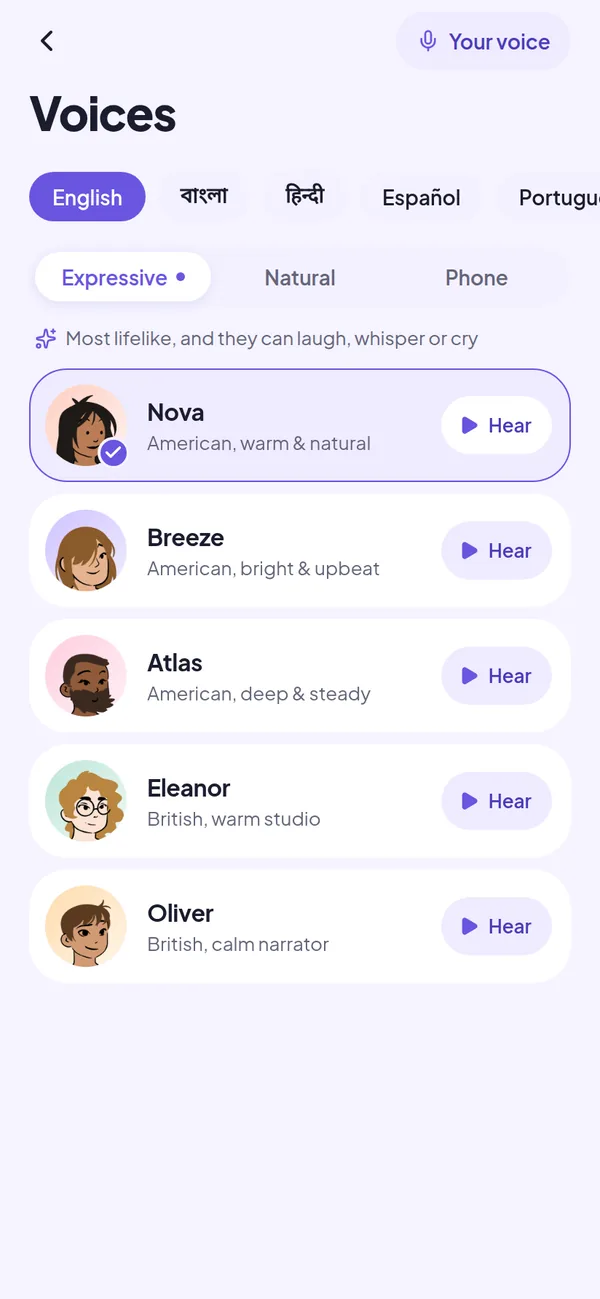 The voices page: languages along the top, and voices to hear and choose